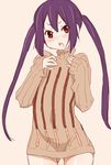  blush food k-on! long_hair looking_at_viewer nakano_azusa open_mouth pocky purple_hair red_eyes ribbed_sweater round_teeth shinama solo sweater teeth twintails 