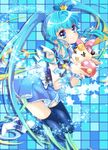 2-nd black_legwear blue blue_eyes blue_hair blue_skirt bow brooch creature crown cure_princess frills full_body grin happinesscharge_precure! highres jewelry light_particles long_hair magical_girl mini_crown necktie pink_bow precure ribbon_(happinesscharge_precure!) shirayuki_hime shoes sidelocks skirt smile star thighhighs twintails zettai_ryouiki 