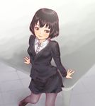  arm_support black_eyes black_hair blouse blush formal hand_on_table highres jacket juju_(poipoipui) loafers looking_at_viewer mikami_kaho pantyhose pencil_skirt shoes short_hair skirt skirt_suit smile solo suit suit_jacket table world_trigger 