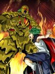  1girl antennae asutora bare_arms bio_broly black_cape black_footwear blue_pants cape clenched_hand colored_eyelashes commentary_request dragon_ball dragonball_z feet_out_of_frame fire flame green_eyes green_hair highres kazami_yuuka leg_up looking_at_another motion_lines open_mouth pants plaid plaid_vest red_eyes red_vest shirt shoes short_hair sleeveless sleeveless_shirt socks standing touhou vest white_legwear white_shirt wriggle_nightbug 