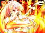  belt bow buckle fangs fire fujiwara_no_mokou hair_bow hair_ornament imperishable_night long_hair long_sleeves looking_away midriff open_mouth red_eyes ribbon shirt silver_hair solo stachz suspenders touhou very_long_hair white_bow white_shirt 