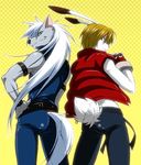  anthro armlet belt black_nose blonde_hair blue_eyes bracelet butt canine clothed clothing crossover duo fur gloves grey_fur hair hand_on_hip inumania jacket jewelry king_kazuma lagomorph long_hair looking_at_viewer looking_back male mammal muscles pants plain_background polka_dots_background rabbit red_eyes smile smile_pretty_cure standing studded_armlet studded_belt studded_bracelet summer_wars tight_clothing white_fur white_hair wolf wolfrun yellow_background 