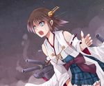  bare_shoulders battle blue_eyes brown_hair cannon detached_sleeves hairband headgear hiei_(kantai_collection) japanese_clothes kantai_collection kay_(utd) night no_legwear nontraditional_miko open_mouth plaid short_hair skirt solo turret 