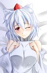  animal_ears bed blush breast_squeeze breasts detached_sleeves embarrassed hand_on_own_chest hat imai_kusu inubashiri_momiji large_breasts looking_away one_eye_closed red_eyes short_hair silver_hair solo tokin_hat touhou wolf_ears 