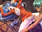  2girls blue_hair breasts china_dress chinese_clothes dark_skin dress elf foless green_hair ikazuchi_no_senshi_raidy kazuma_muramasa long_hair multiple_girls nipple nipples open_clothes pointy_ears screaming vaginal wince yuri 