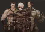  anger_vein armor beard belt black_armor black_hair brown_eyes closed_eyes cyborg eyepatch facial_hair gloves grey_background hand_on_another's_shoulder hand_on_hip highres jewelry long_hair male_focus metal_gear_(series) metal_gear_rising:_revengeance metal_gear_solid_4 multiple_boys necklace raiden samuel_rodrigues science_fiction vamp vetania white_hair 