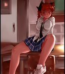  absurdres alternate_costume animal_ears bad_anatomy bad_leg bare_legs blush braid breasts cat_ears desk extra_ears highres kaenbyou_rin large_breasts mizuga pointy_ears red_eyes red_hair school_desk school_uniform sexually_suggestive skirt smile solo touhou twin_braids 