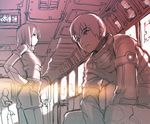  1girl bad_id bad_pixiv_id door from_side hand_on_hip hands_on_lap holding holding_paper ladic lens_flare light monochrome original paper science_fiction shorts sitting standing train_interior window 