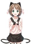  animal_ears bad_id bad_pixiv_id blush brown_hair cat_ears green_eyes hair_ribbon hands_clasped highres idolmaster idolmaster_cinderella_girls jewelry looking_at_viewer maekawa_miku necklace open_mouth own_hands_together re:n_ne ribbon short_hair simple_background skirt smile solo tail thighhighs white_background zettai_ryouiki 