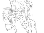  alcohol bad_id bad_twitter_id beer beer_can blush can drunk eyepatch fingerless_gloves gloves greyscale grin kantai_collection lineart monochrome necktie ookubo_menma orion_beer sharp_teeth simple_background smile solo sweater teeth tenryuu_(kantai_collection) 