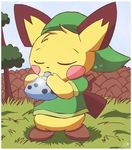  black_fur blush cosplay costume eyebrow eyes_closed fur grass instrument link music musical_instrument nintendo ocarina ocarina_of_time pichu pichu90 pok&#233;mon pok&eacute;mon sky solo sparks standing the_legend_of_zelda tree video_games wall yellow_fur 