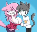  aeris_(vg_cats) anthro areola big_areola big_breasts big_nipples blue_eyes breasts cat cleavage clothed clothing copy: dark_souls duo fangs feline female green_eyes hair huge_breasts joelasko leo_(vg_cats) male mammal nipples praise_the_sun puffy_nipples teeth undressing vg_cats 