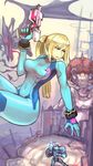  blonde_hair blue_eyes covered_navel dark_samus flying_sweatdrops glowing gun metroid metroid_(creature) mother_brain multiple_girls oo_gata_ken ponytail ridley samus_aran super_smash_bros. weapon zero_suit 