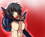  abs black_hair breasts brown_eyes cosplay elbow_gloves gloves kill_la_kill large_breasts long_hair m.u.g.e.n matoi_ryuuko matoi_ryuuko_(cosplay) muscle muscular_female original revealing_clothes samuimu scar sendai_hakurei_no_miko senketsu shaded_face solo suspenders touhou underboob 