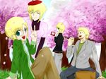  2boys 2girls ada_clover antenna_hair aqua_eyes arc_system_works artist_request belt beret blazblue blonde_hair breasts brother_and_sister camera carl_clover casual cherry_blossoms ears eyes_closed facial_hair family father_and_daughter father_and_son forest grass green_eyes happy hat husband_and_wife ignis_clover jacket light_smile looking_at_viewer looking_back mother_and_daughter mother_and_son multiple_boys multiple_girls nature open_mouth pants relius_clover short_hair siblings sitting smile tree 