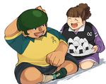  1girl blush_stickers brown_hair closed_eyes dosu_koi dutch_angle food green_hair inazuma_eleven inazuma_eleven_(series) kabeyama_heigorou onigiri oosaka_gals open_mouth petagon raimon raimon_soccer_uniform sitting soccer_uniform sportswear white_background 