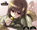  bad_id bad_pixiv_id barefoot brown_eyes brown_hair chips food hyuuga_(kantai_collection) kantai_collection open_mouth potato_chips ribbed_sweater short_hair skirt solo sweater tokita_monta 