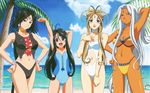  4girls 90s :d aa_megami-sama adjusting_hair ahoge arm_up armpits arms_up bangs bare_shoulders beach belldandy bikini black_bikini black_eyes black_hair blue_eyes blue_sky blue_swimsuit blush bracelet breasts brown_hair casual_one-piece_swimsuit choker cleavage cloud collarbone dark_skin earrings facial_mark female fingernails flat_chest forehead forehead_mark front-tie_top goddess hair_between_eyes hair_tubes hand_in_hair hand_on_hip hand_on_own_chest hands hands_on_hips happy head_tilt highres hips jewelry lineup long_hair long_image looking_at_viewer lots_of_jewelry midriff mound_of_venus multiple_girls navel navel_cutout ocean official_art one-piece_swimsuit open_mouth outdoors outstretched_arms palm_tree peorth pose purple_eyes ring shiny shiny_hair shiny_skin skuld sky smile standing strapless strapless_swimsuit stretch sugimoto_sachiko swimsuit thigh_gap thighs tree turtleneck urd very_long_hair wallpaper water white_hair white_swimsuit wide_image yellow_bikini 