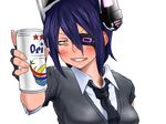  alcohol bad_id bad_pixiv_id beer beer_can blue_hair blush can collaboration_request colorized commentary drunk eyepatch fingerless_gloves gloves grin highres kantai_collection necktie ookubo_menma orion_beer sharp_teeth smile solo sweater teeth tenryuu_(kantai_collection) yellow_eyes 