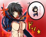  ;q abs black_hair breasts brown_eyes chibi chibi_inset cosplay elbow_gloves gloves imagining kill_la_kill large_breasts long_hair m.u.g.e.n matoi_ryuuko matoi_ryuuko_(cosplay) muscle muscular_female one_eye_closed original revealing_clothes samuimu scar sendai_hakurei_no_miko senketsu shaded_face solo suspenders tongue tongue_out touhou translated underboob 