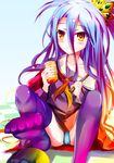  bad_id bad_pixiv_id bare_shoulders blue_panties henet_hene long_hair messy_hair no_game_no_life orange_eyes panties shiro_(no_game_no_life) silver_hair skirt socks solo underwear 