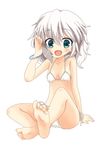  barefoot bikini blush bracelet feet green_eyes jewelry komeiji_koishi massala open_mouth short_hair silver_hair smile soles solo swimsuit toes touhou 