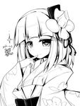  ai_takurou blush flower greyscale hair_flower hair_ornament hieda_no_akyuu japanese_clothes long_sleeves looking_at_viewer monochrome short_hair simple_background smile solo touhou white_background 