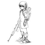  backpack bag boots coat commentary_request fallout fallout_3 gloves greyscale gun guoguang monochrome mr_kunimitsu rifle ruger_mini-14 short_hair sketch weapon 