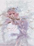  bad_id bad_pixiv_id branch brooch bug butterfly cherry_blossoms commentary_request doily hat hat_ribbon insect jewelry nazo_(mystery) open_mouth pale_color pink_eyes pink_hair ribbon saigyouji_yuyuko short_hair solo touhou white wide_sleeves 