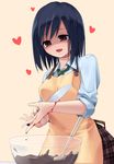  apron black_hair blood brown_eyes chocolate commentary cooking heart highres knife meso-meso open_mouth original plaid shaded_face simple_background solo spatula translated wrist_cutting yandere yellow_background 
