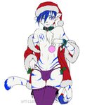  blue_hair cat chest_tuff christmas duo_(character) feline ghostblanketboy girly hair holidays legwear male mammal nipples plain_background solo stockings tiger underwear 