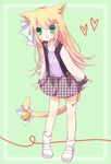  animal_ears bell blonde_hair cat_ears cat_tail collarbone full_body green_background green_eyes hair_ornament hair_ribbon hairclip heart hoshi_(snacherubi) jacket leaning_forward letterman_jacket long_hair original parted_lips pigeon-toed ribbon shirt shoes skirt socks solo standing tail tail_bell tail_ribbon tattoo white_footwear 