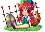  alternate_eye_color animal_ears blush braid chibi chinese_clothes chocolat_(momoiro_piano) dog_ears dog_tail hat hong_meiling kemonomimi_mode long_hair looking_at_viewer puffy_sleeves red_eyes red_hair shirt short_sleeves side_slit sitting skirt skirt_set smile solo star tail touhou twin_braids very_long_hair vest 