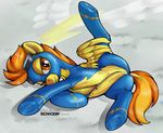  camel_toe ecmajor equine eyewear female feral friendship_is_magic fur goggles hair looking_at_viewer lying mammal my_little_pony one_leg_up orange_hair pegasus ratwhiskers skinsuit solo spitfire_(mlp) spread_legs spreading two_tone_hair wings wonderbolts_(mlp) yellow_fur 