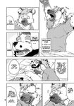  bear bulge chubby clothing comic dialog duo ena_(kumagaya) english_text erection greyscale hyena kumagaya_shin male mammal monochrome morning_wood penis sleeping text tom_(kumagaya) waking_up 