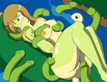  blue_eyes blush bound breasts butt female frog frogela green_skin lily_pad lying nipples on_back oral swamp tentacles thestarwarrior water 