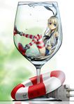  absurdres air_bubble anchor black_panties blonde_hair bubble cup drinking_glass elbow_gloves gloves hairband highres in_container innertube kantai_collection long_hair looking_at_viewer navel panties ray_neko-san reflection rensouhou-chan shimakaze_(kantai_collection) skirt solo striped striped_legwear submerged thighhighs translated underwear white_gloves 