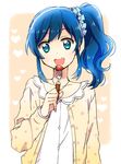  aikatsu! aikatsu!_(series) alternate_costume blue_eyes blue_hair food fork fruit hair_ribbon kiriya_aoi long_hair open_mouth ribbon side_ponytail smile solo strawberry yuzucky 