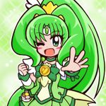 ;d blush bow bowtie brooch choker clenched_hand cure_march green green_background green_choker green_eyes green_hair green_neckwear green_skirt guardias jewelry long_hair magical_girl midorikawa_nao one_eye_closed open_mouth outstretched_hand ponytail precure skirt smile smile_precure! solo tri_tails wrist_cuffs 