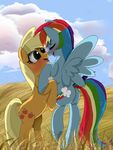  applejack_(mlp) blonde_hair blue_fur blush cloud cutie_mark equine eyes_closed female freckles friendship_is_magic fur green_eyes hair horse lesbian mammal multi-colored_hair my_little_pony orange_fur outside pegasus pony rainbow_dash_(mlp) rainbow_hair wings 