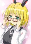  adjusting_eyewear blonde_hair blush breasts glasses green_eyes hair_ribbon humanization katuhokudou long_sleeves medium_breasts ribbon roboko_(sekai_seifuku) sekai_seifuku:_bouryaku_no_zvezda short_hair solo spoilers 