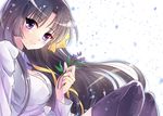  black_hair breasts cleavage flower kurugaya_yuiko large_breasts lavender_(flower) little_busters! long_hair purple_eyes ribbon school_uniform tazu thighhighs 