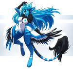  3_toes alivia anthro avian beak bird blue_eyes blue_feathers blue_hair blue_nipples bottomless breasts feathers female fur gryphon hair lapres long_hair looking_at_viewer navel nipples plain_background pussy solo standing toes tuft wings 