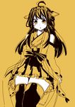  ahoge bare_shoulders hairband kantai_collection kongou_(kantai_collection) kouji_(campus_life) long_hair looking_at_viewer monochrome nontraditional_miko skirt solo spot_color yellow 