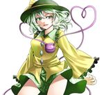  cowboy_shot dress frilled_sleeves frills green_eyes green_hair hat hat_ribbon heart heart_of_string highres karadborg komeiji_koishi long_sleeves looking_at_viewer open_mouth ribbon short_hair simple_background skirt smile solo thighs third_eye touhou white_background 