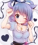  ;3 animal_ears bad_id bad_pixiv_id bebitera bell belt blue_eyes blue_hair breasts cat_ears cleavage dress flower hagoromo hair_rings head_tilt heart highres jewelry jingle_bell kaku_seiga kemonomimi_mode looking_at_viewer medium_breasts necklace one_eye_closed paw_pose puffy_short_sleeves puffy_sleeves shawl short_hair short_sleeves simple_background solo touhou white_background 
