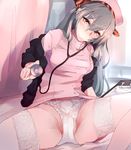  blush breasts brown_eyes haruna_(kantai_collection) kantai_collection long_hair looking_at_viewer medium_breasts morisova nurse panties silver_hair sitting solo spread_legs stethoscope thighhighs underwear 