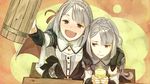  :d arm_around_shoulder atelier_(series) atelier_escha_&amp;_logy beer_mug blush braid crown_braid cup drinking drunk game_cg glass hair_ornament hair_ribbon hidari_(left_side) holding holding_cup linca_(atelier) long_hair multiple_girls nose_blush official_art open_mouth red_eyes ribbon siblings silver_hair sisters smile twins upper_body wavy_mouth yellow_eyes 