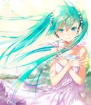  bare_shoulders crossed_arms dress floating_hair flower frilled_dress frills fuyuno_haruaki green_eyes green_hair hair_flower hair_ornament hatsune_miku holding letter long_hair looking_at_viewer love_letter open_mouth ribbon smile solo sundress twintails vocaloid 