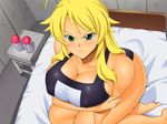  1girl angry bed blonde_hair breast_hold breasts erect_nipples female green_eyes hoshii_miki huge_breasts idolmaster kawanuma_uotsuri one-piece_swimsuit sitting solo swimsuit 